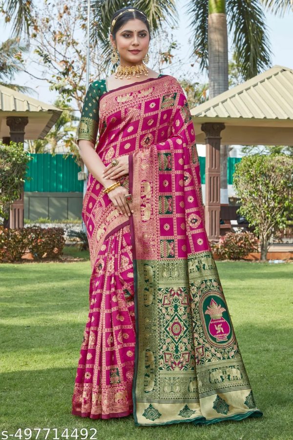 Patola Design Red And Pink Banarasi Soft Lichi Silk Saree - Image 2