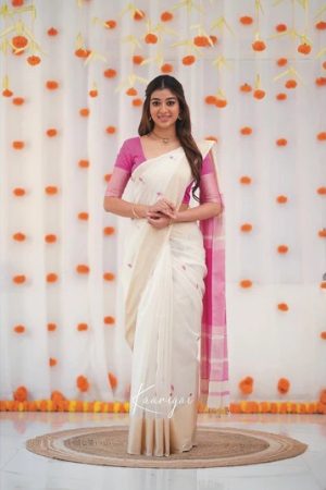 White and Pink Cottan Saree