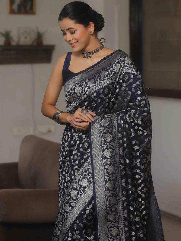 Dark Blue Banarasi Soft Lichi Silk Saree - Image 3