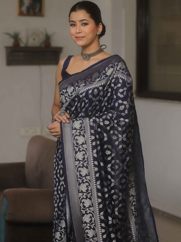 Dark Blue Banarasi Soft Lichi Silk Saree - Image 2