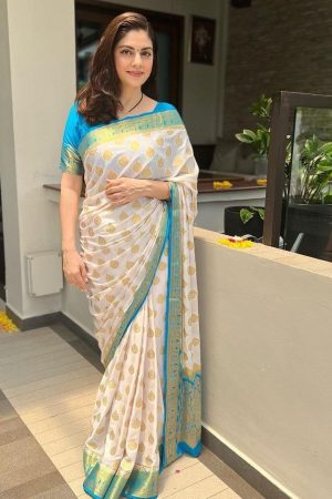 White And Rama Border Banarasi Soft Lichi Silk Saree