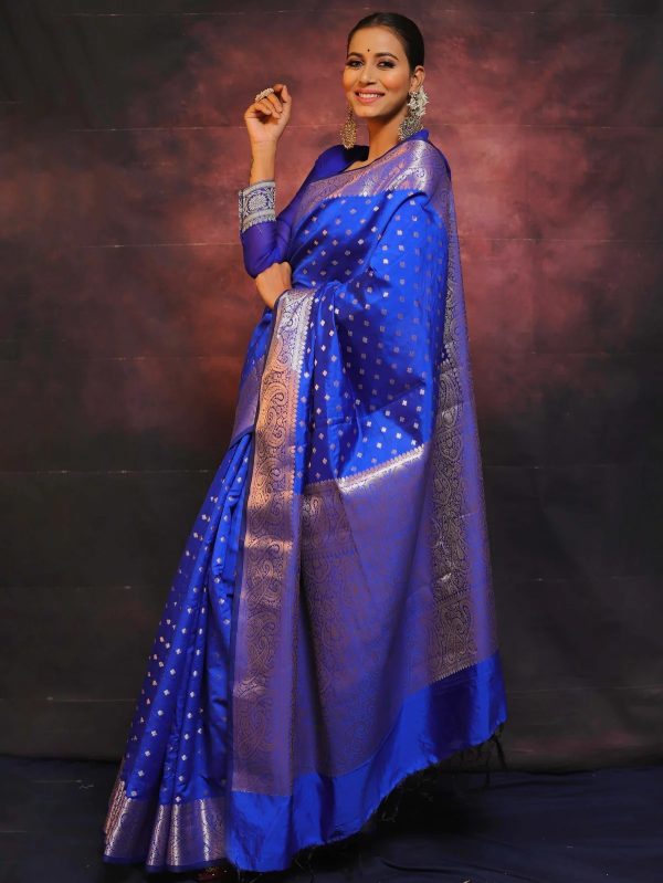 Blue Golden Border Banarasi Soft Silk Saree - Image 2