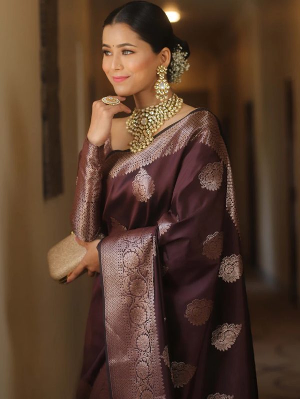 Brown Soft Lichi Silk Banarasi Saree - Image 3