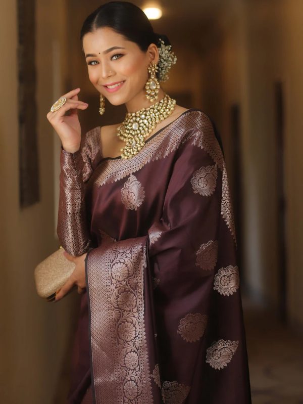 Brown Soft Lichi Silk Banarasi Saree - Image 4