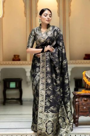 Black Banarasi Soft Lichi Silk Saree