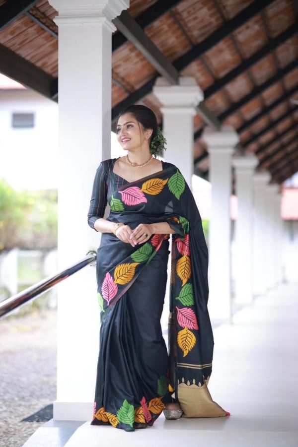 Black Color Border Design Banarasi Soft Lichi Silk Saree - Image 2