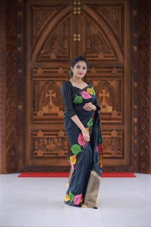 Black Color Border Design Banarasi Soft Lichi Silk Saree
