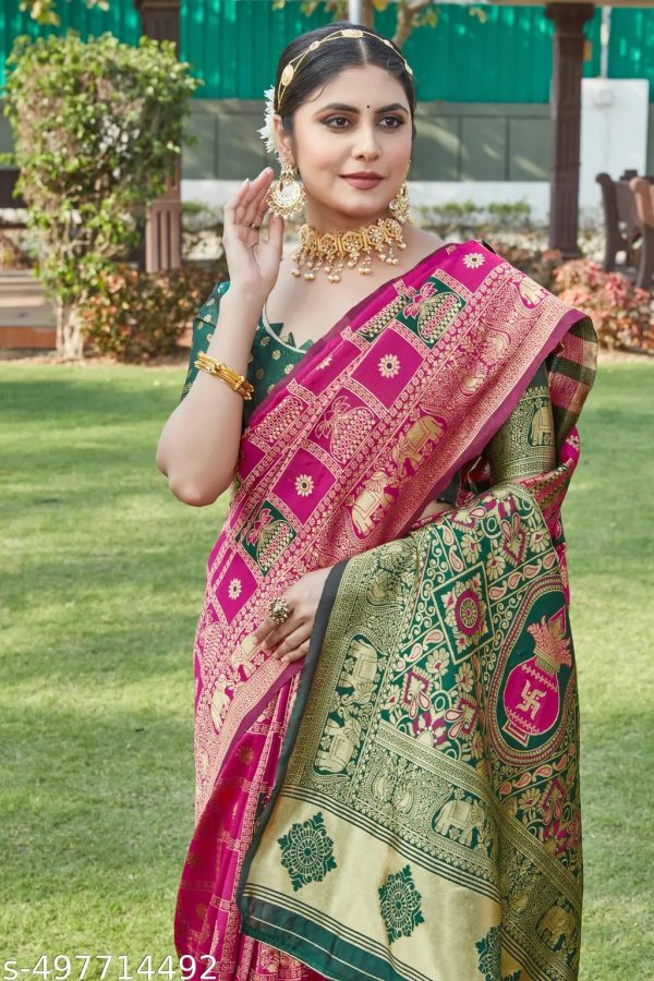 Patola Design Red And Pink Banarasi Soft Lichi Silk Saree - Image 4