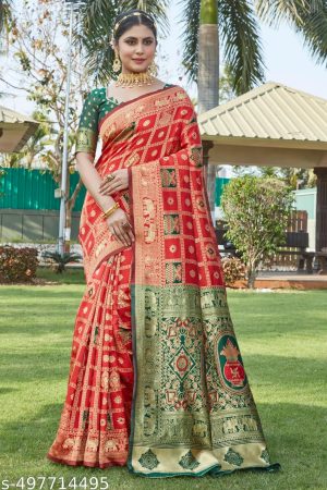 Patola Design Red And Pink Banarasi Soft Lichi Silk Saree