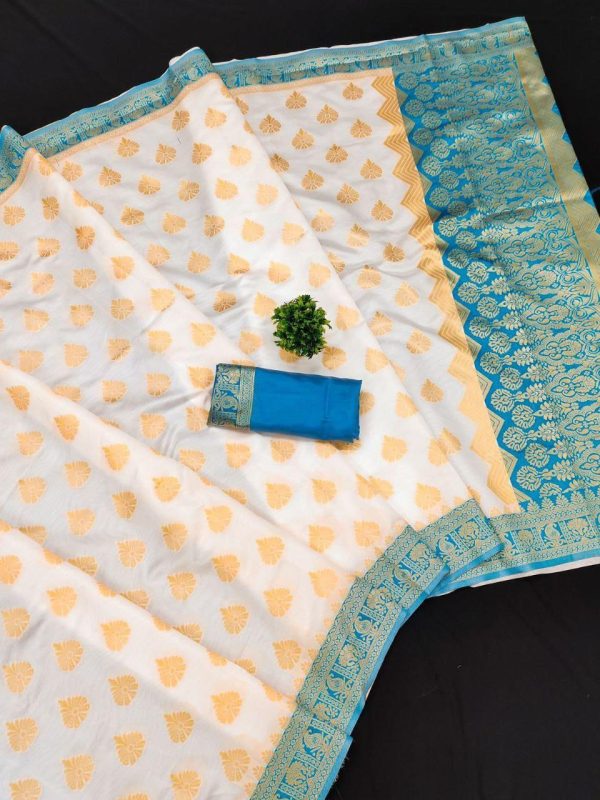 White And Rama Border Banarasi Soft Lichi Silk Saree - Image 2