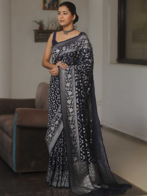 Dark Blue Banarasi Soft Lichi Silk Saree