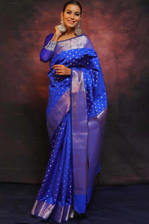 Blue Golden Border Banarasi Soft Silk Saree