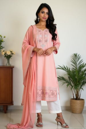 Peach And White Embroidery Work Salwar Suit