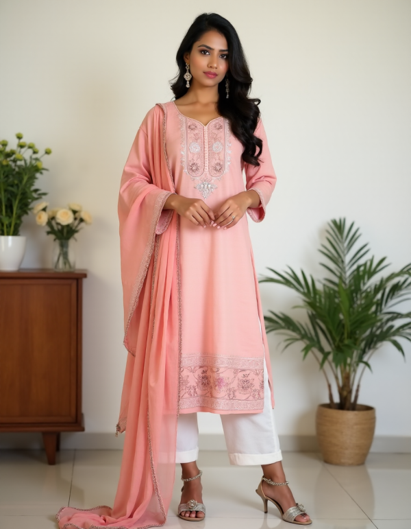 Peach And White Embroidery Work Salwar Suit