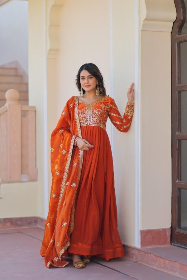 Orang Fendy Fabric With Zari & Sequins Embroidered work Gown - Image 4