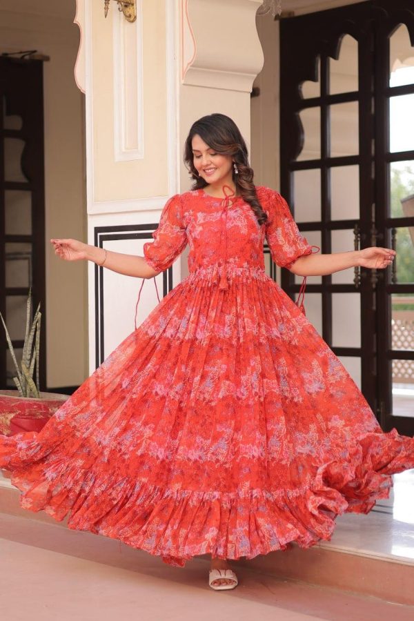 Red Faux Georgette With Print Long piece dress - Image 3