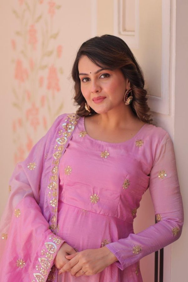 Pink Organza  With Sequins-Multi & Zari Embroidered Work Gown - Image 2