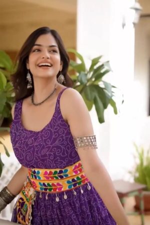 Purple Printed Fabric with Kutchi Gamthi Kodi Work Gown