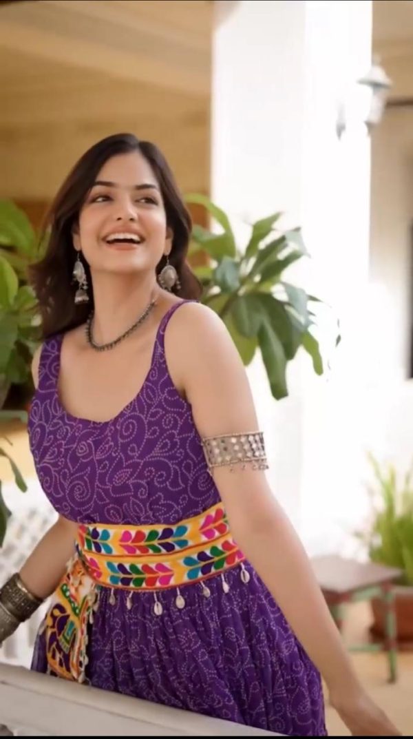 Purple Printed Fabric with Kutchi Gamthi Kodi Work Gown