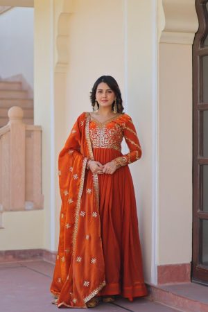 Orang Fendy Fabric With Zari & Sequins Embroidered work Gown