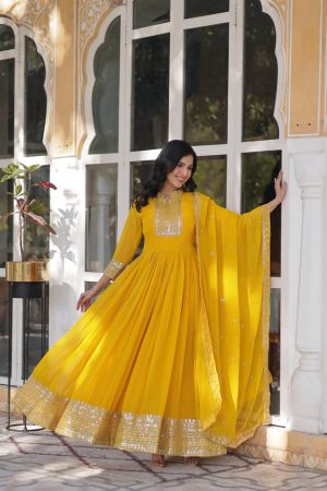 Yellow Faux Blooming Georgette with Rich Sequins Embroidered Gown