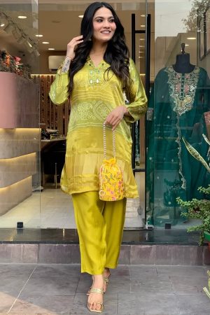 Yellow Beautiful Heavy quality Chinon Silk Fabric designer festive wear Cord sets