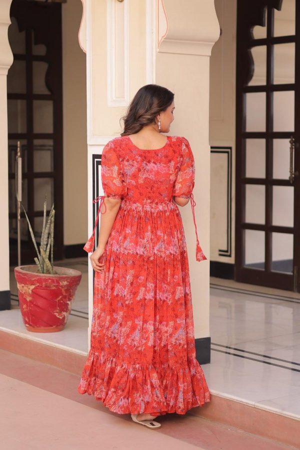 Red Faux Georgette With Print Long piece dress - Image 2