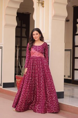 Pink Print Staple Jequard Weaving work Gown