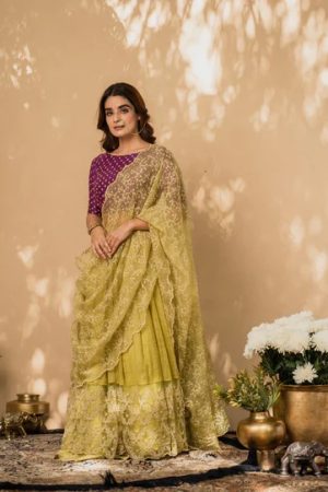 lime green and purple set of lehenga & dupatta