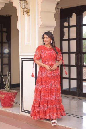 Red Faux Georgette With Print Long piece dress