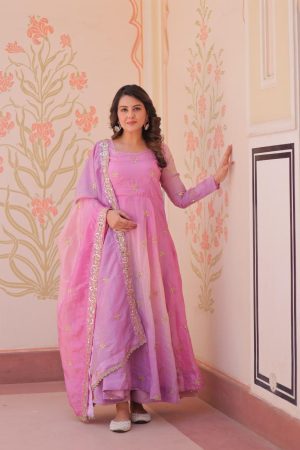 Pink Organza  With Sequins-Multi & Zari Embroidered Work Gown