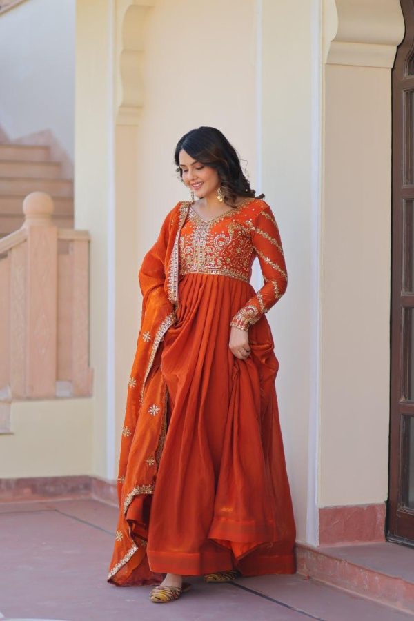 Orang Fendy Fabric With Zari & Sequins Embroidered work Gown - Image 3