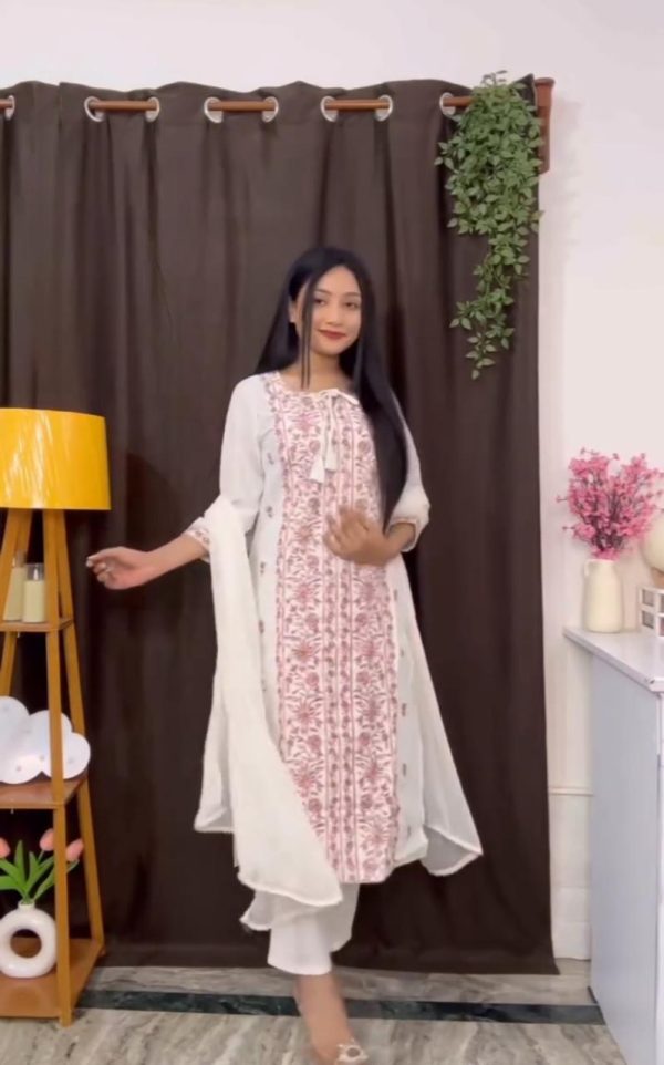Beautiful White And Pink Embroidery Work Readymade Salwar Suit - Image 3