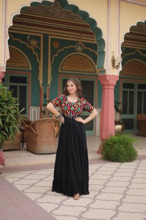 Black Reyon Fabric with Kutchi Gamthi Kodi Work Gown
