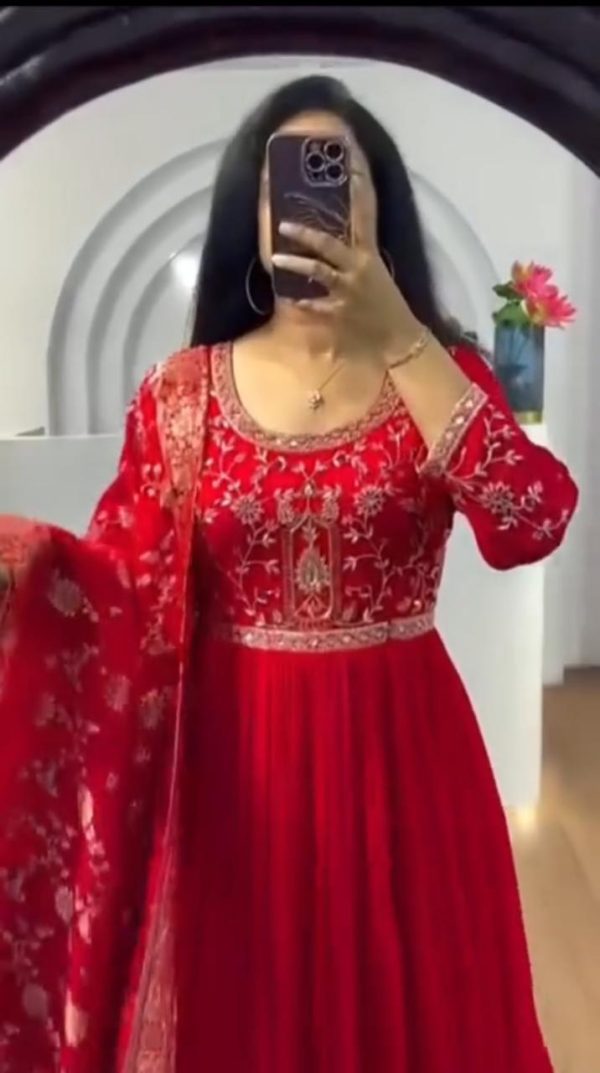 Red Fendy Fabric With Zari & Sequins Embroidered work Gown - Image 2
