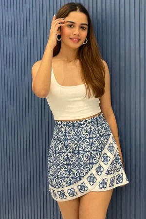 Blue Printed High-Rise A-Line Mini Skirt