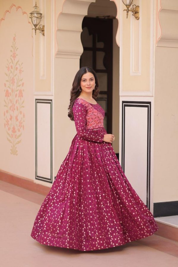 Pink Print Staple Jequard Weaving work Gown - Image 3