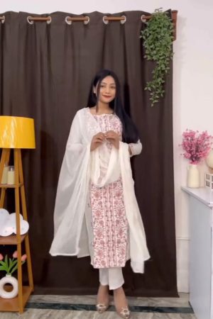 Beautiful White And Pink Embroidery Work Readymade Salwar Suit