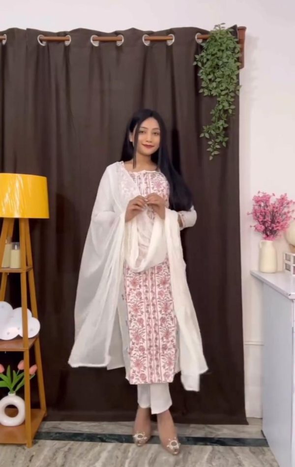 Beautiful White And Pink Embroidery Work Readymade Salwar Suit