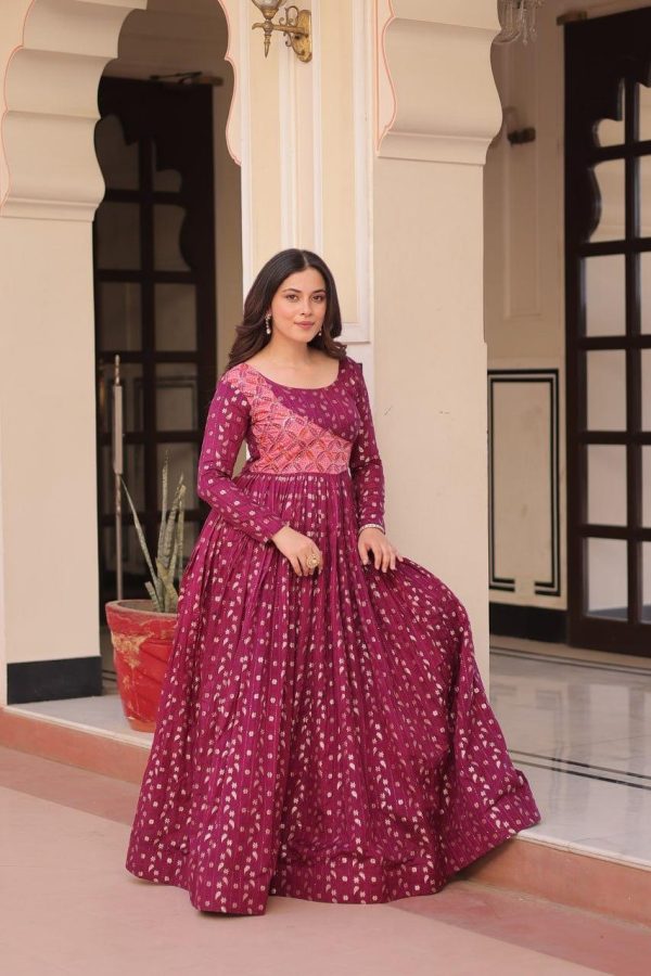 Pink Print Staple Jequard Weaving work Gown - Image 2