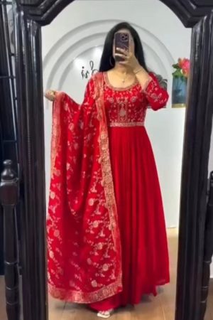 Red Fendy Fabric With Zari & Sequins Embroidered work Gown