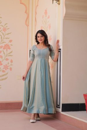 pastel Fendy With Beads Embroidered Work Gown